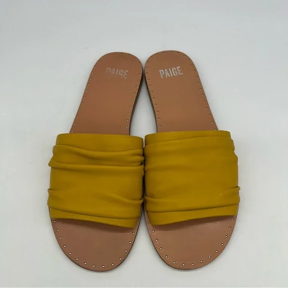 PAIGE Emilia Leather Slide Sandals Mustard Yellow Ruched Band Womens 8.5 US - Picture 6 of 13